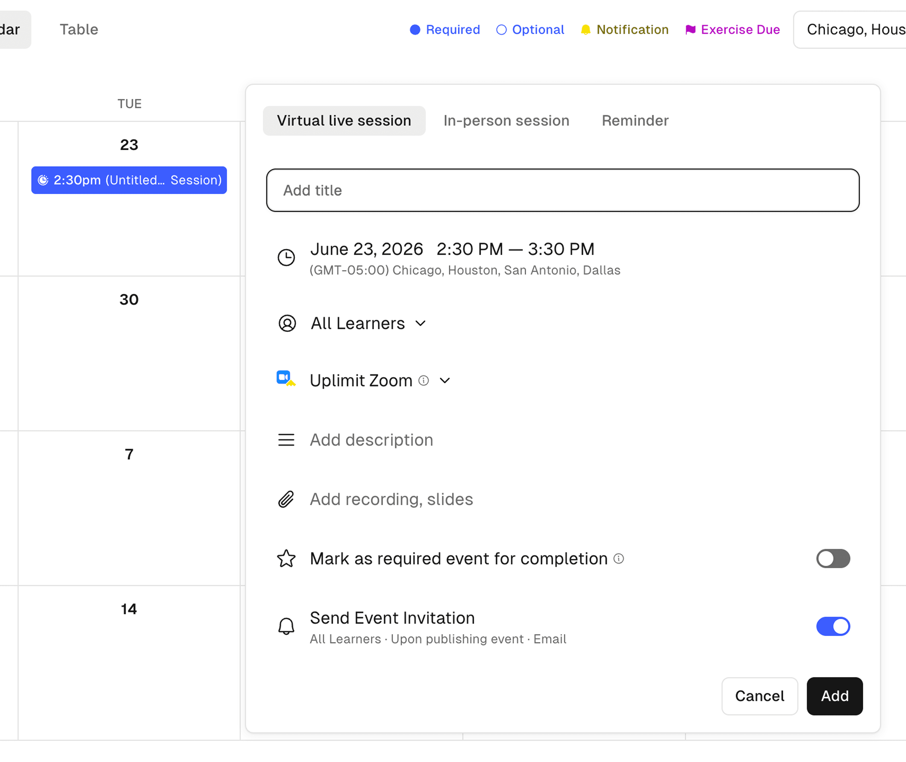 The rebuilt event-setup UI — a clear, inline flow with settings surfaced by meeting type