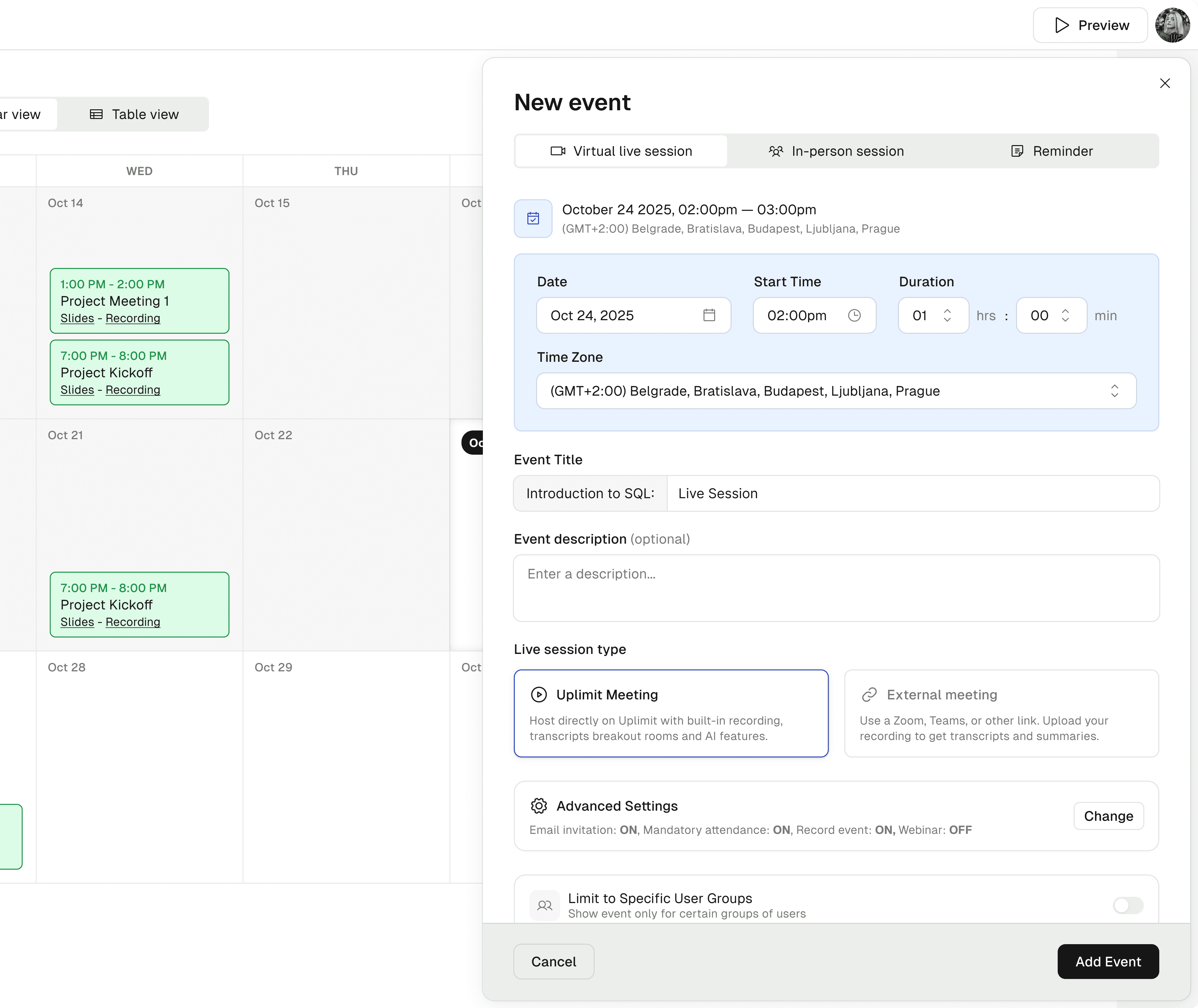 The old event-setup UI — a dense modal with settings buried under advanced options